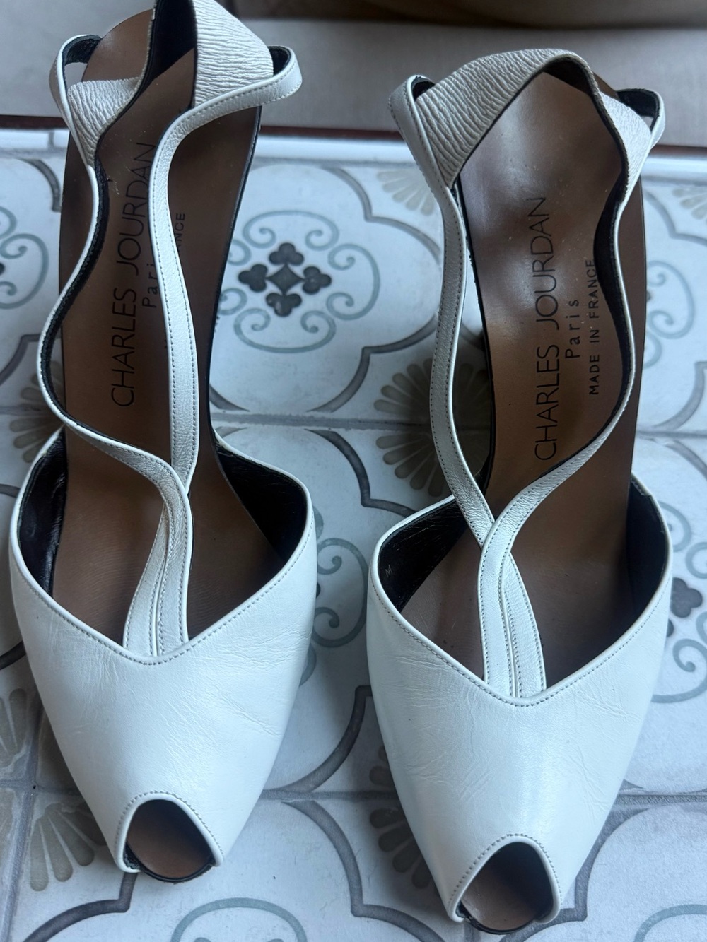 Vintage Charles Jourdan White Leather Peep-Toe Slingbacks